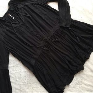 Free People Witchy Boho Gauze Lace Button Tunic Tie Mini Dress Long Sleeve Black